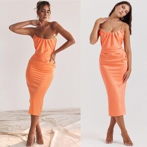 HOUSE OF CB 'Alora' Tangerine Strapless Corset Midi Dress orange NWOT size‎ M